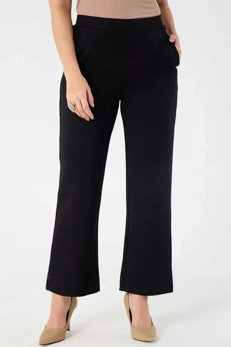Black straight-leg formal trousers with elastic waist and front pockets.