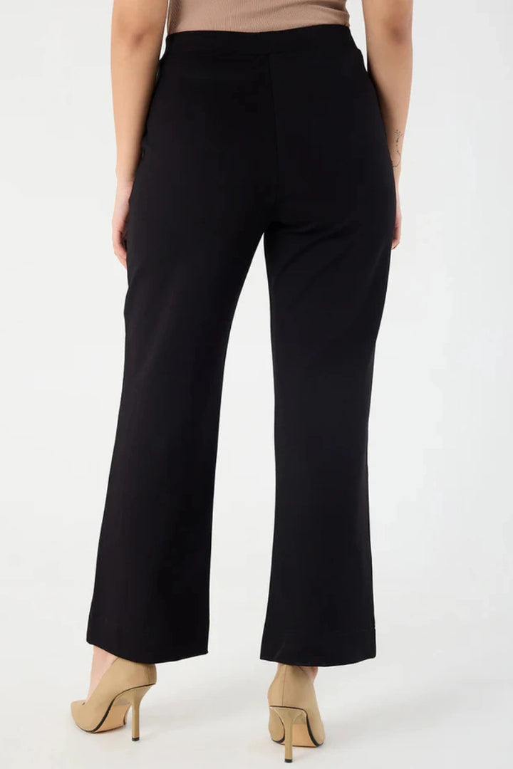 Stretchable black formal pants with straight leg and pockets.