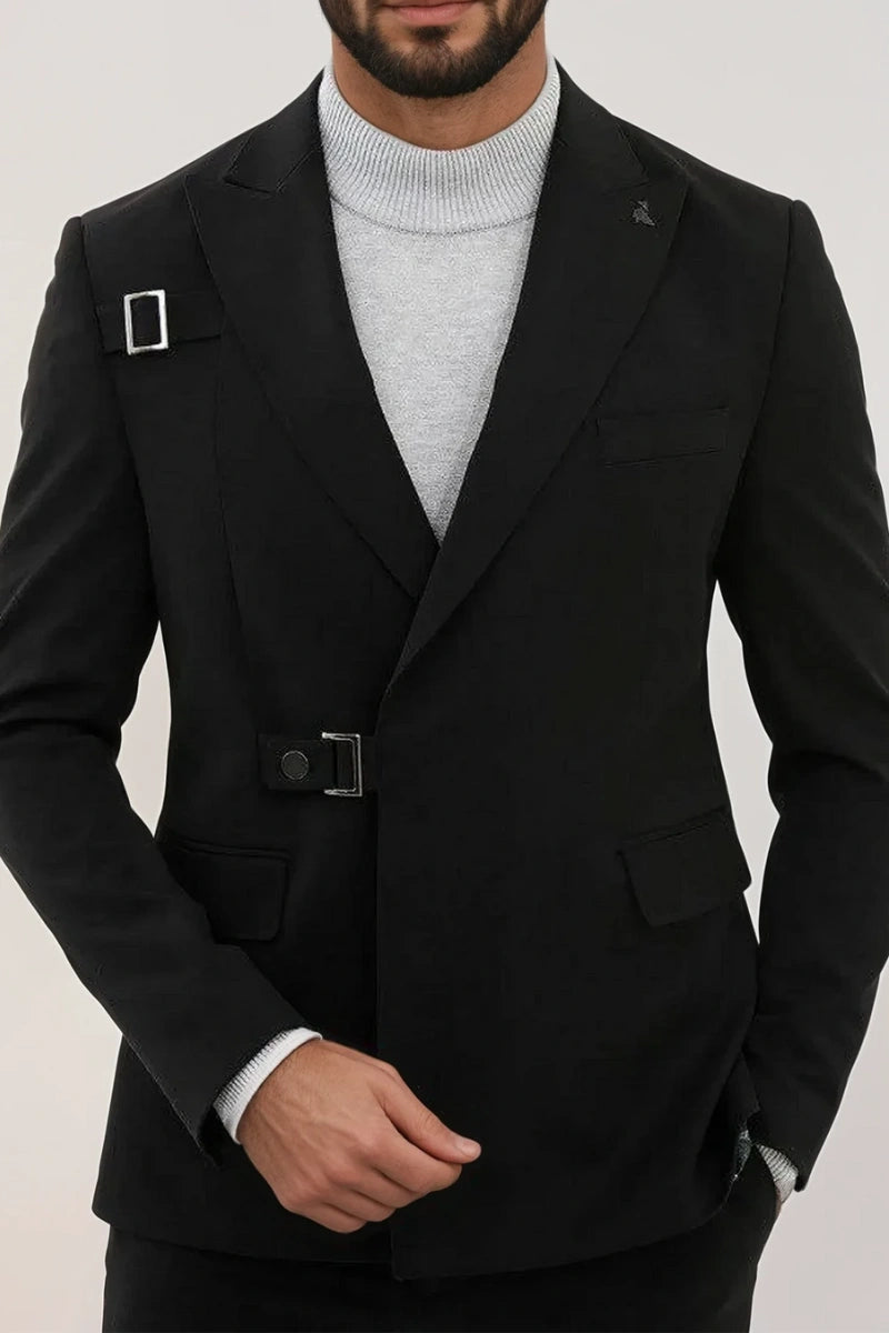 Men's classic black double breasted blazer showing tailored fit and lapel detail