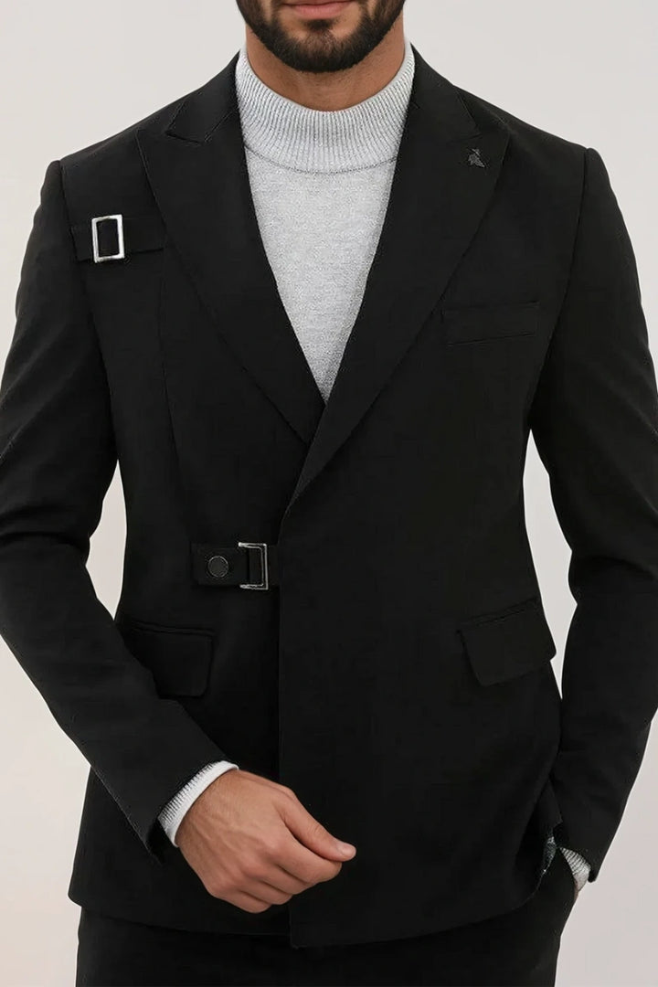 Men's classic black double breasted blazer showing tailored fit and lapel detail