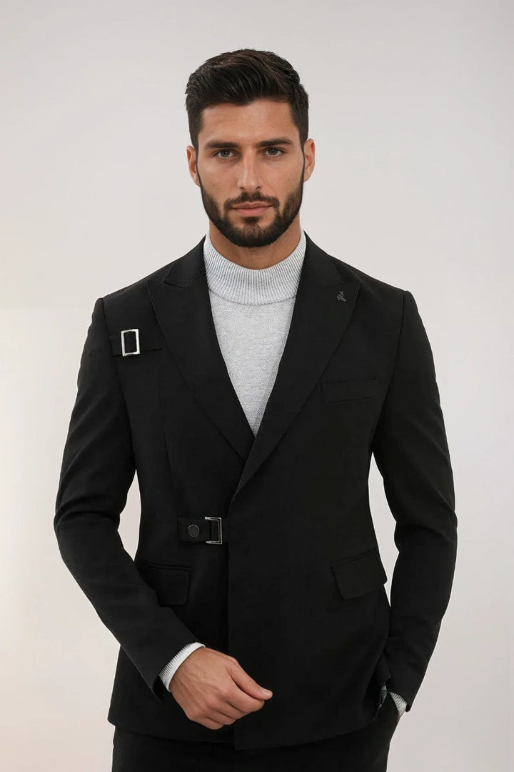Men's black double breasted blazer with peak lapel and buckle closure – formal and casual wear