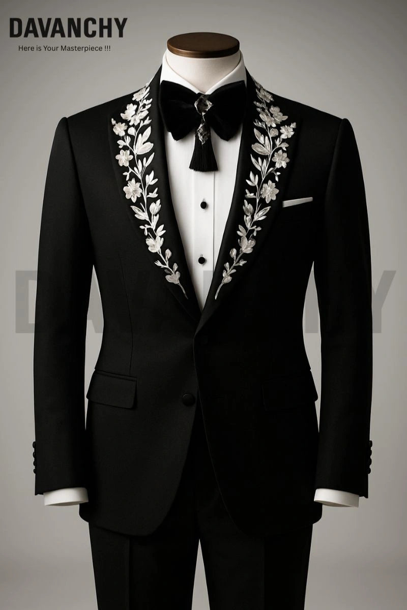 Men’s black two-piece suit with floral collar embroidery
