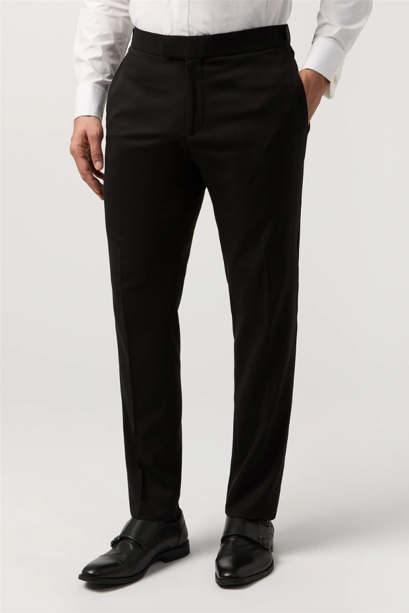 Men black slim fit stretchable formal trouser with flat front design and hook-and-bar closure