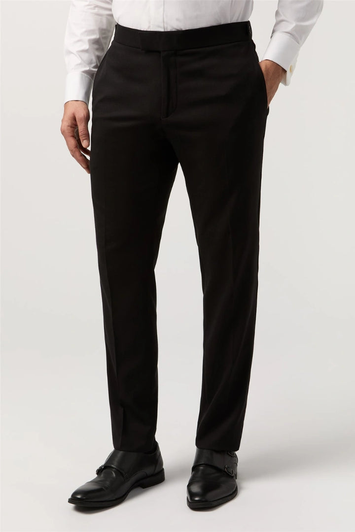 Men black slim fit stretchable formal trouser with flat front design and hook-and-bar closure