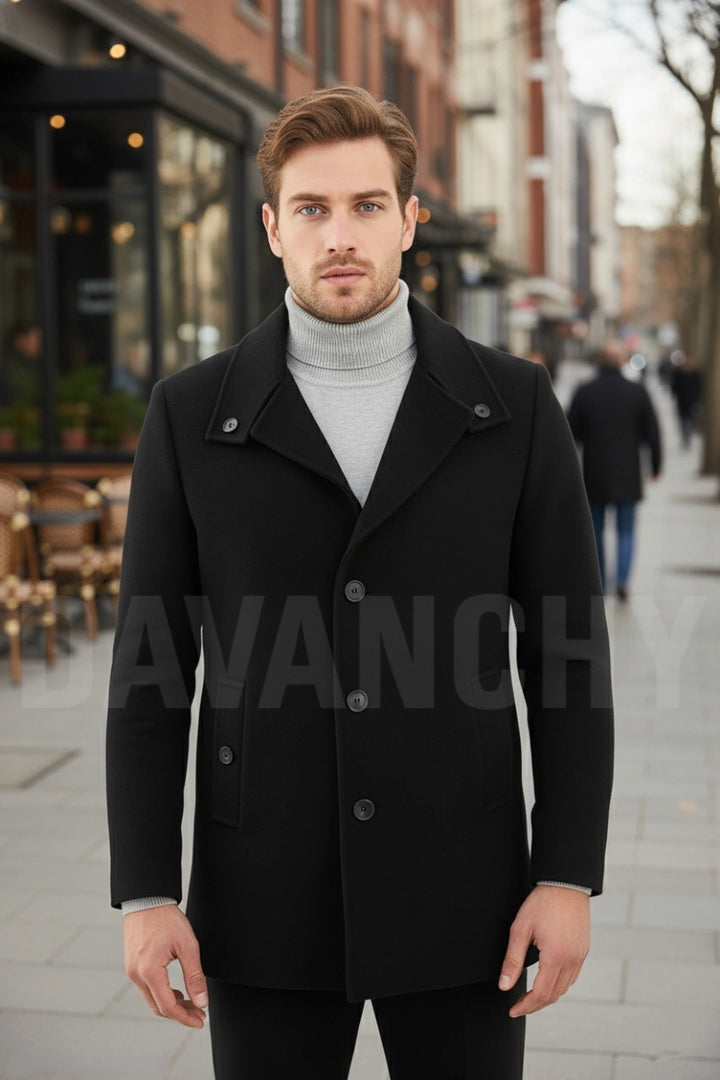 Men black tweed wool coat-front