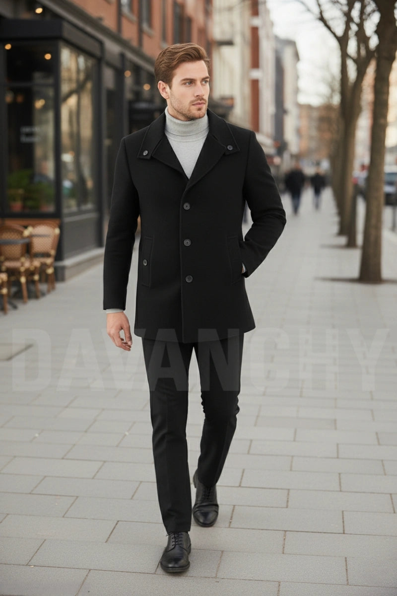 Men black pea coat single breasted-Front