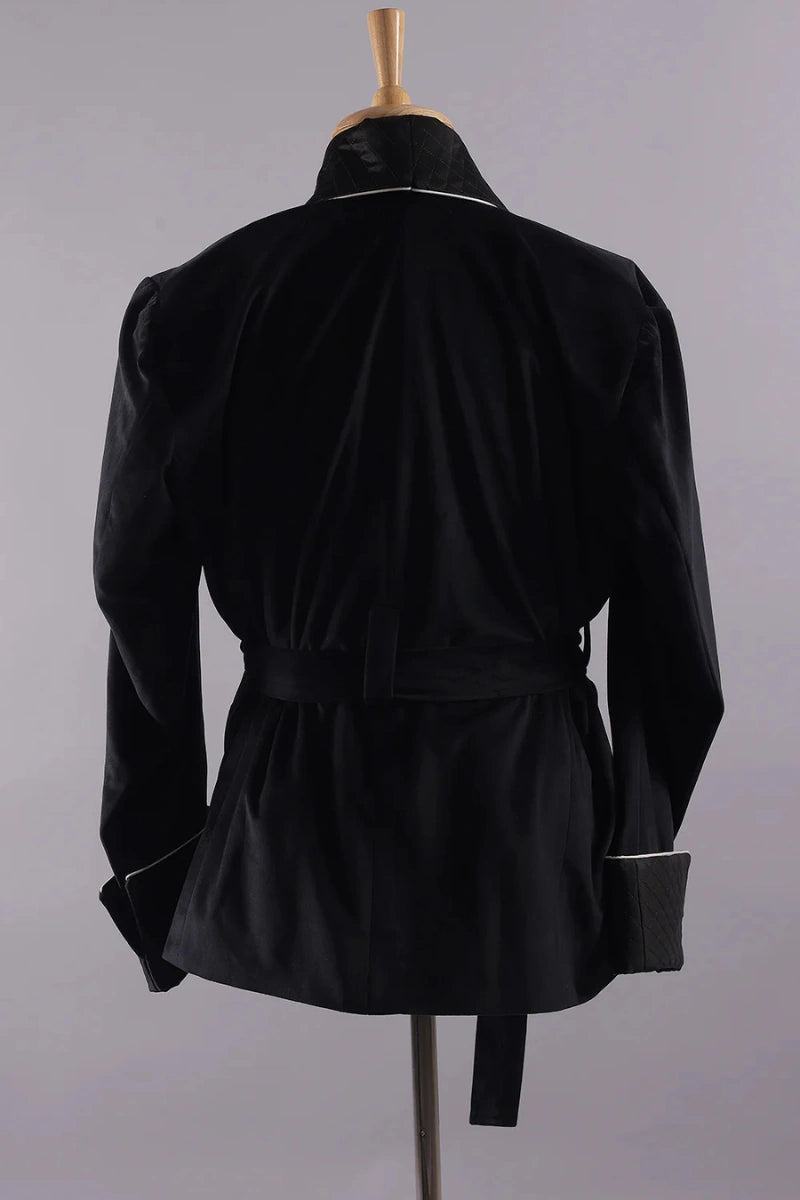 Men’s black velvet smoking jacket with quilted shawl lapel collar