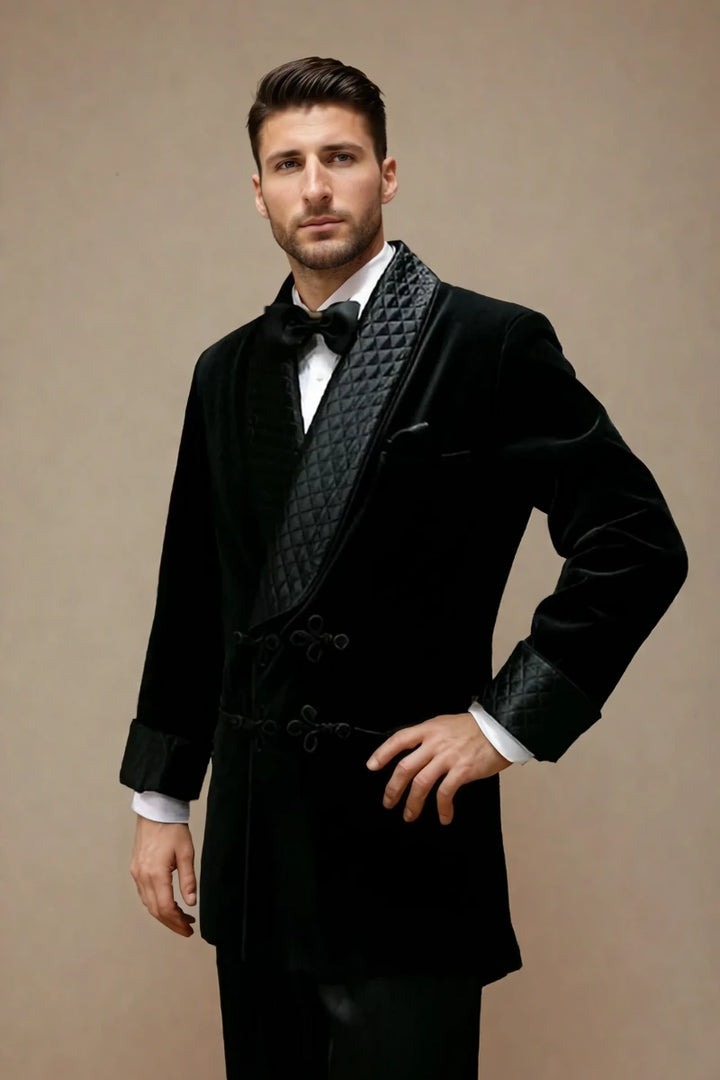 Men’s black velvet smoking jacket with satin shawl collar