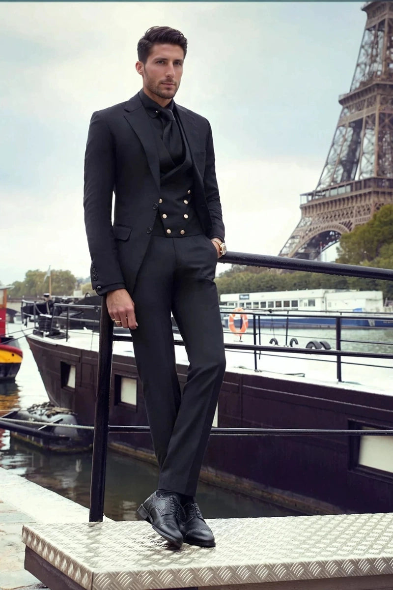 Men's black three-piece suit with single-breasted peak lapel coat-Front