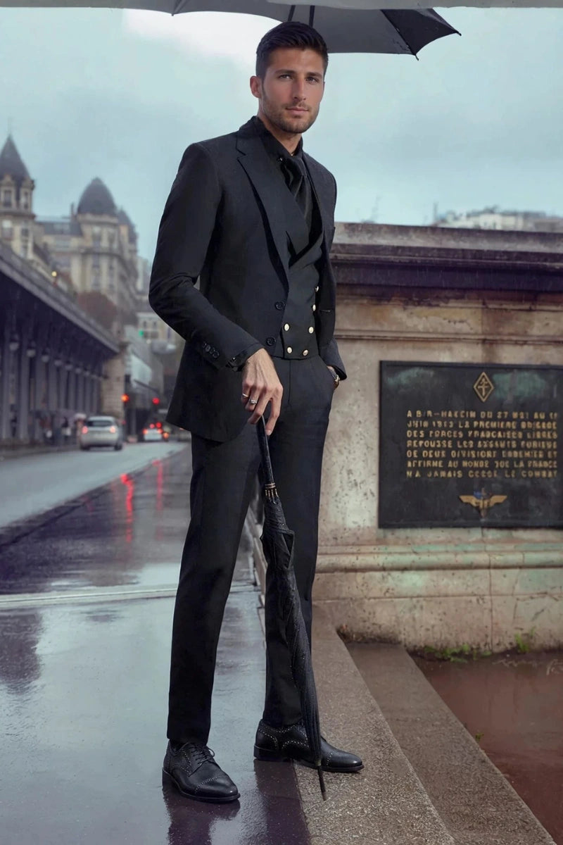 Stylish men's formal black suit featuring flap pockets-Front