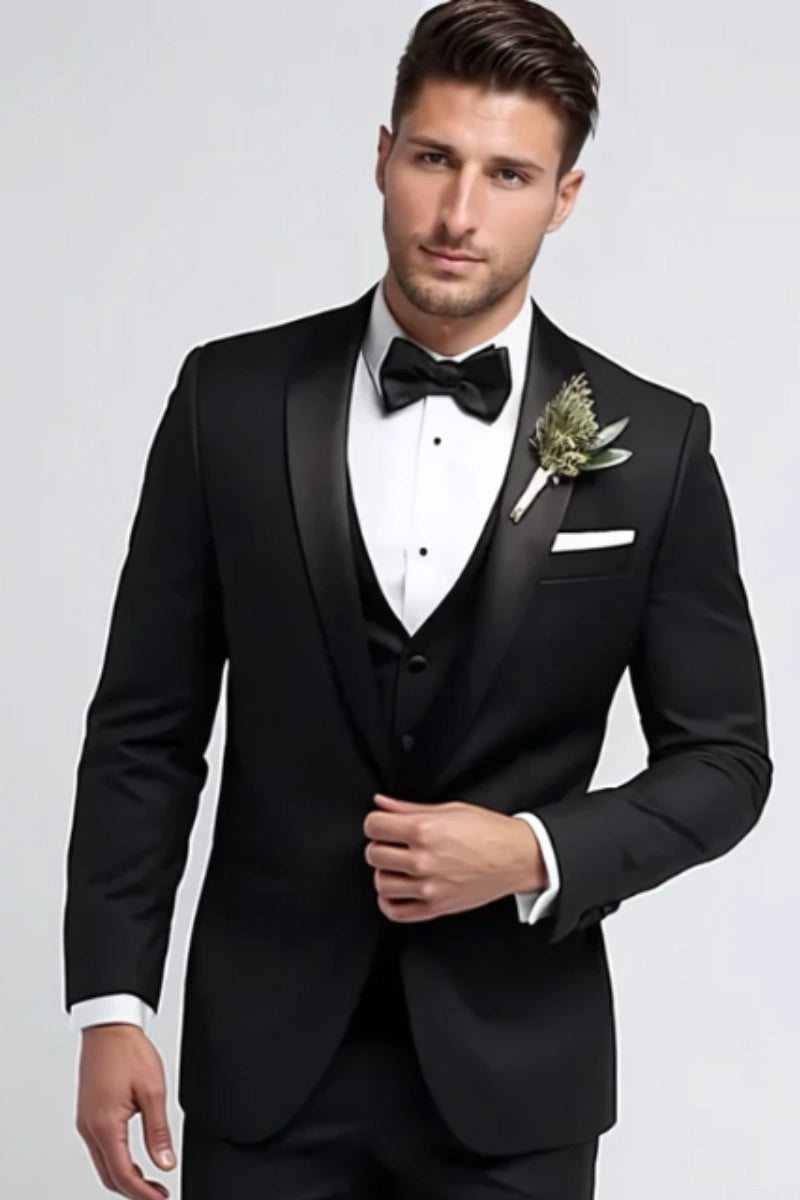 Elegant men’s black tuxedo suit with waistcoat