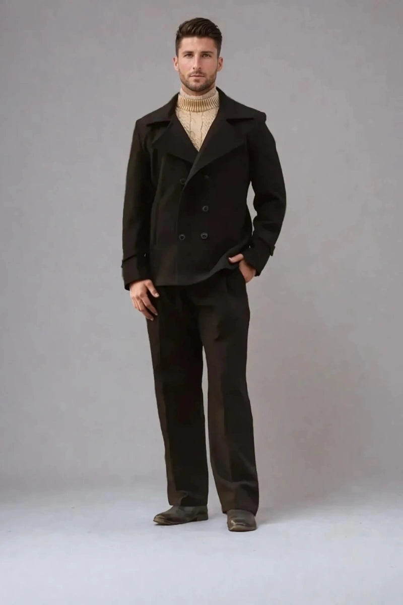 Black woolen blazer-style coat for men in cold weather