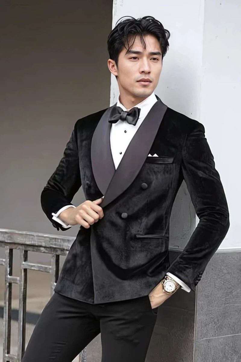 Men's Double-Breasted Black Velvet Tuxedo Coat