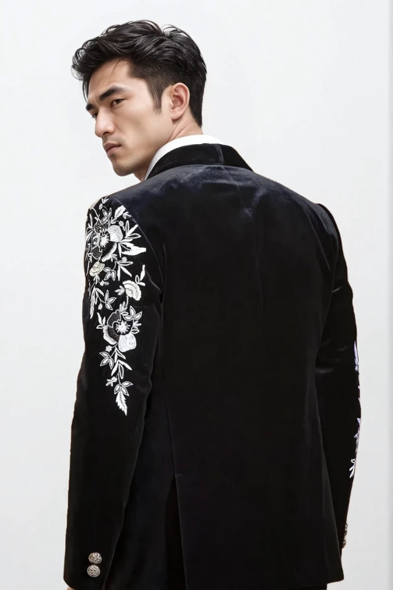 Groom designer velvet black suit