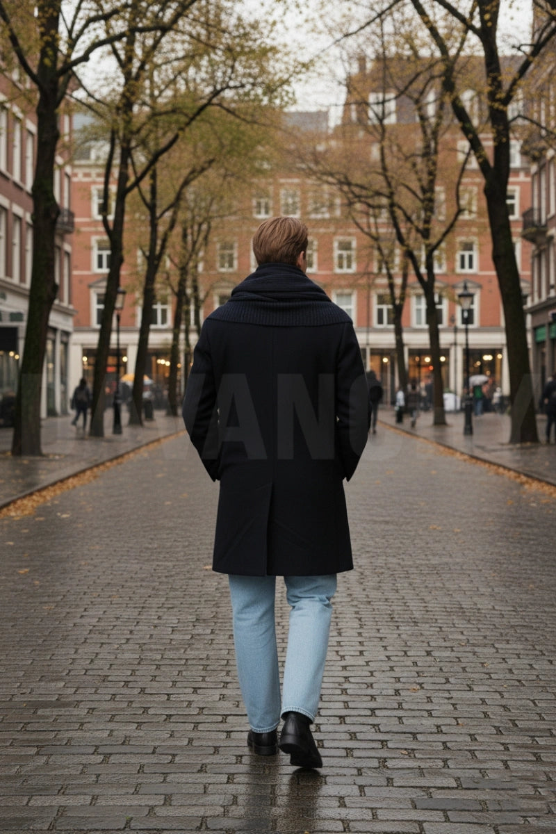 Men black wool overcoat -back