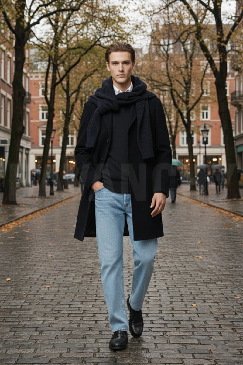Single-Breasted Men Black trench coat-Front
