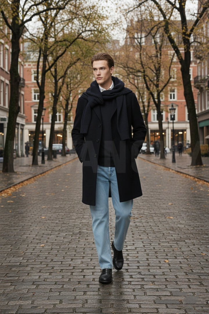 Men tweed formal wear long coat-front