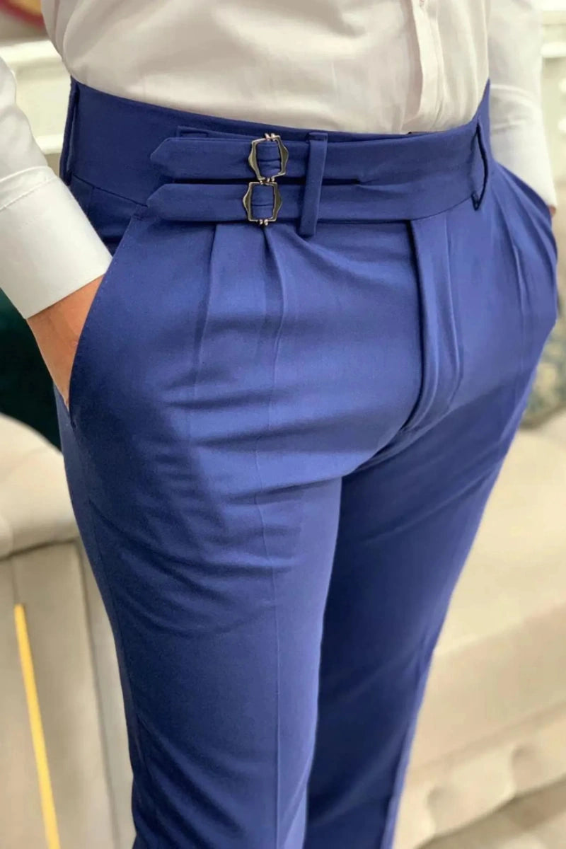 High‑waisted royal blue Gurkha formal pant with buckle closure