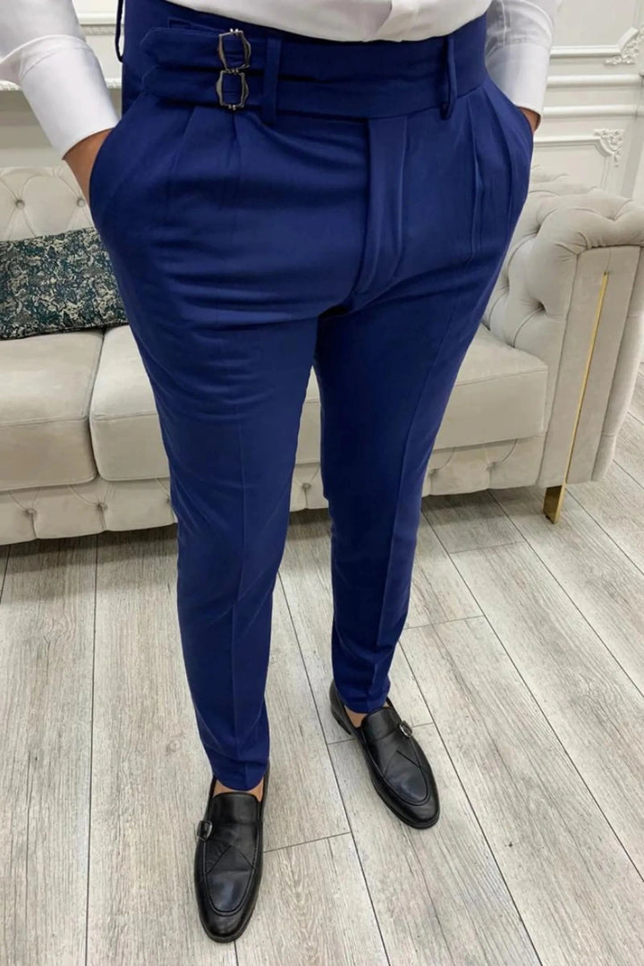 High‑waisted royal blue Gurkha formal pant with buckle closure