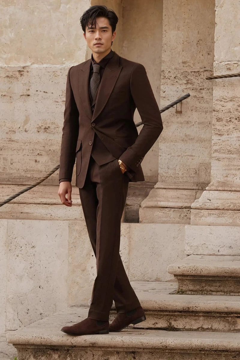 Brown men’s three-piece suit with peak lapel collar-Front