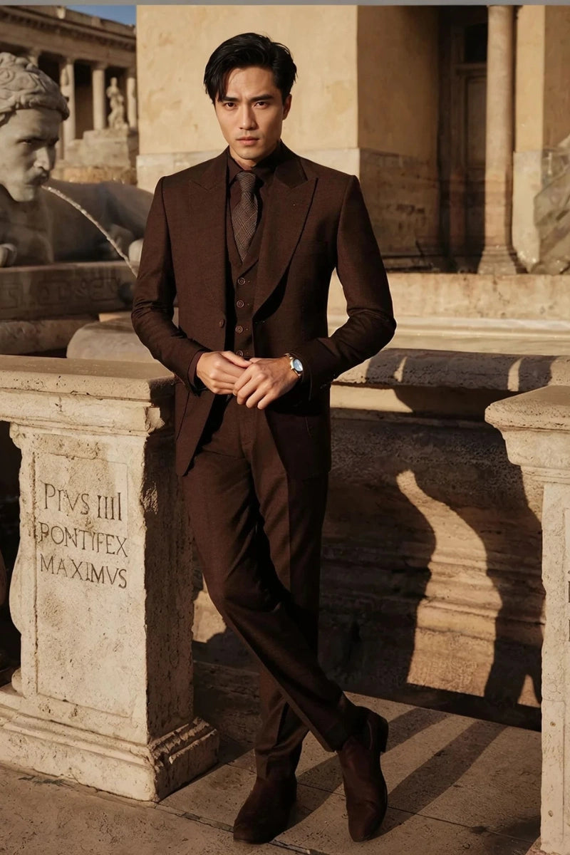 Stylish brown formal three-piece suit set-Front