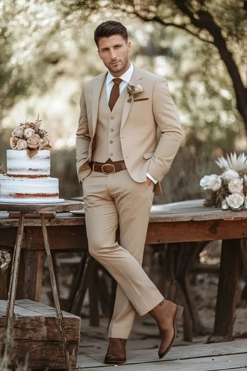Men’s classic three-piece suit with notch lapel coat, waistcoat, and formal pants