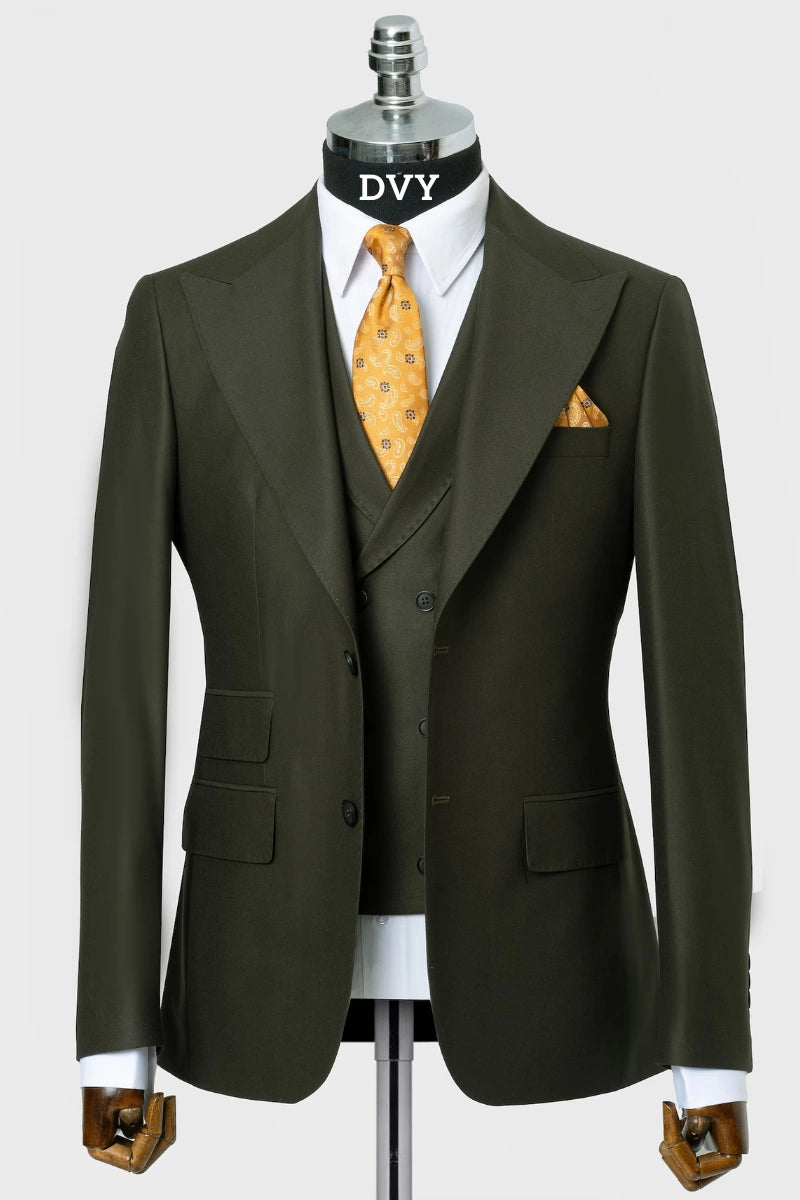 Men's olive green formal blazer, single-breasted, with peak lapel