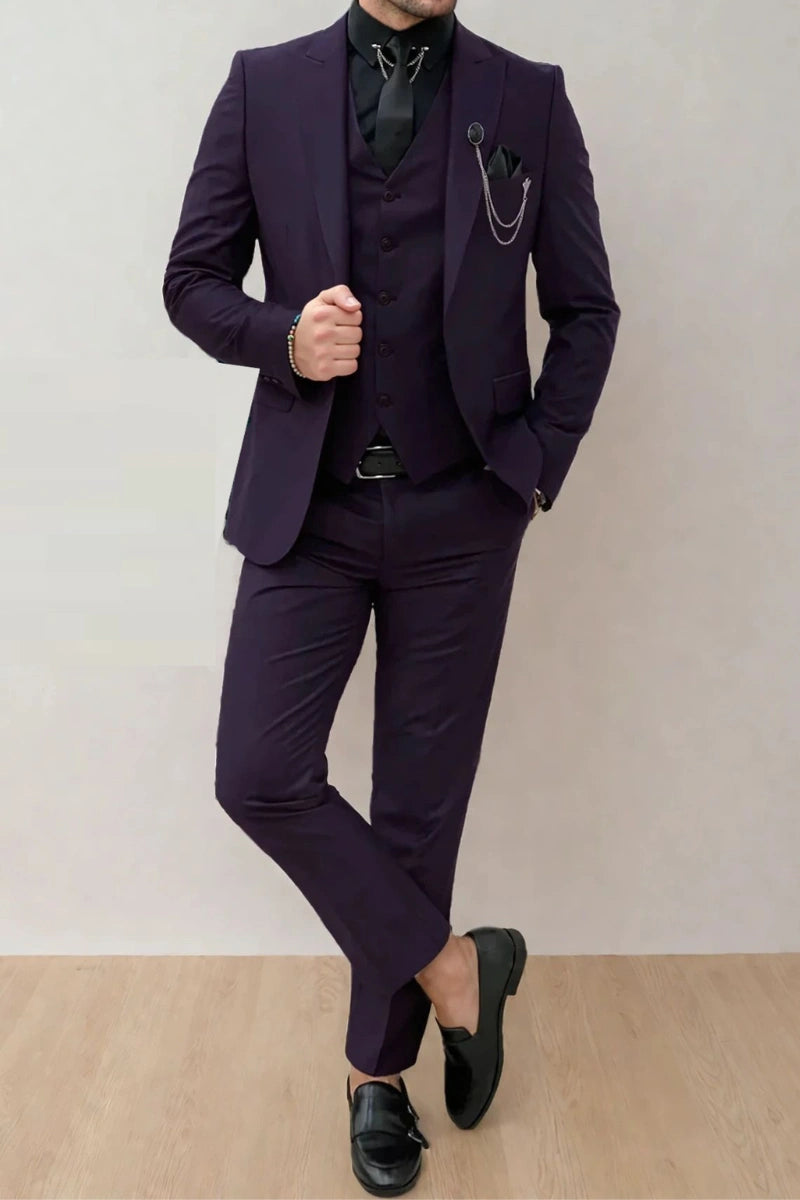 Stylish purple men's wedding suit with blazer, waistcoat, and pants perfect for groom and special occasions-front
