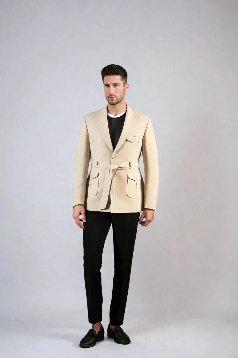Men Travel Bush Beige Linen Coat