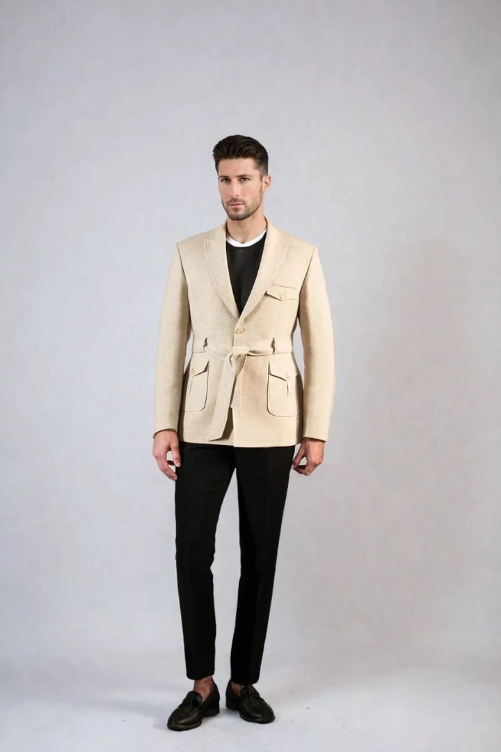 Men Travel Bush Beige Linen Coat