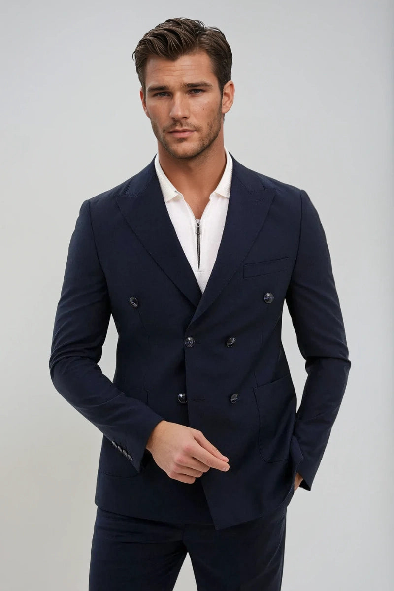 Stylish navy blue blazer and trouser set