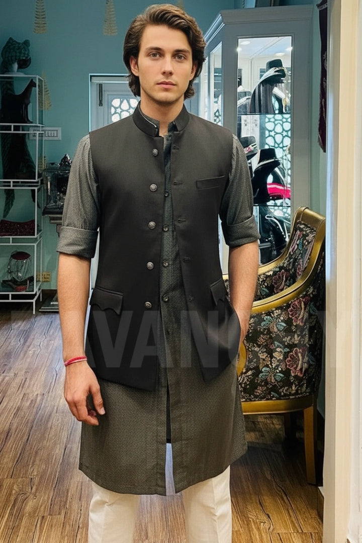 Men olive green nehru jacket