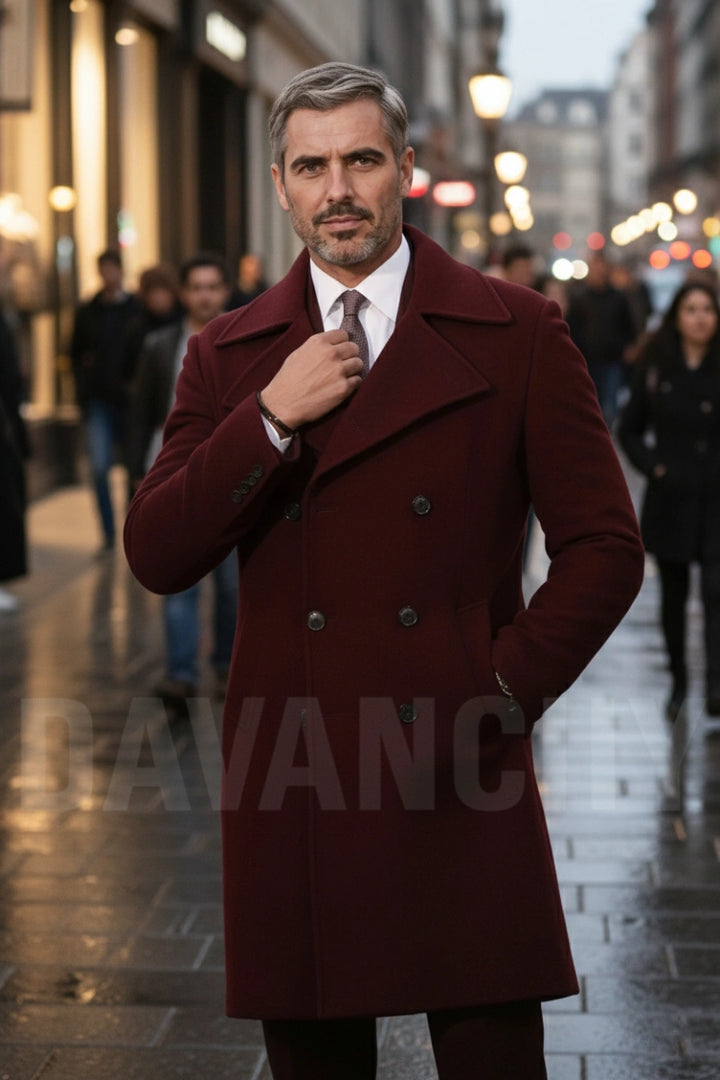 Maroon wool trench coat with peak lapel collar for men-front