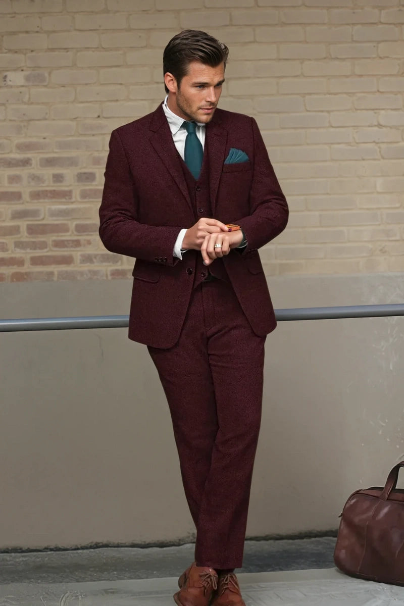 Men’s maroon three piece tweed suit