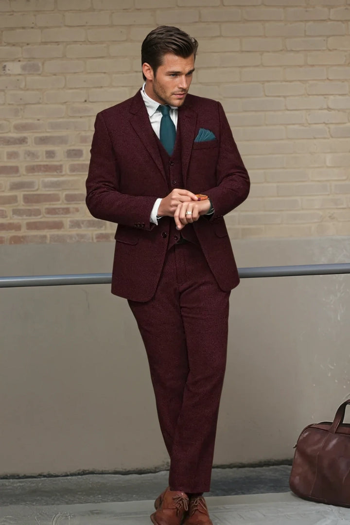 Men’s maroon three piece tweed suit