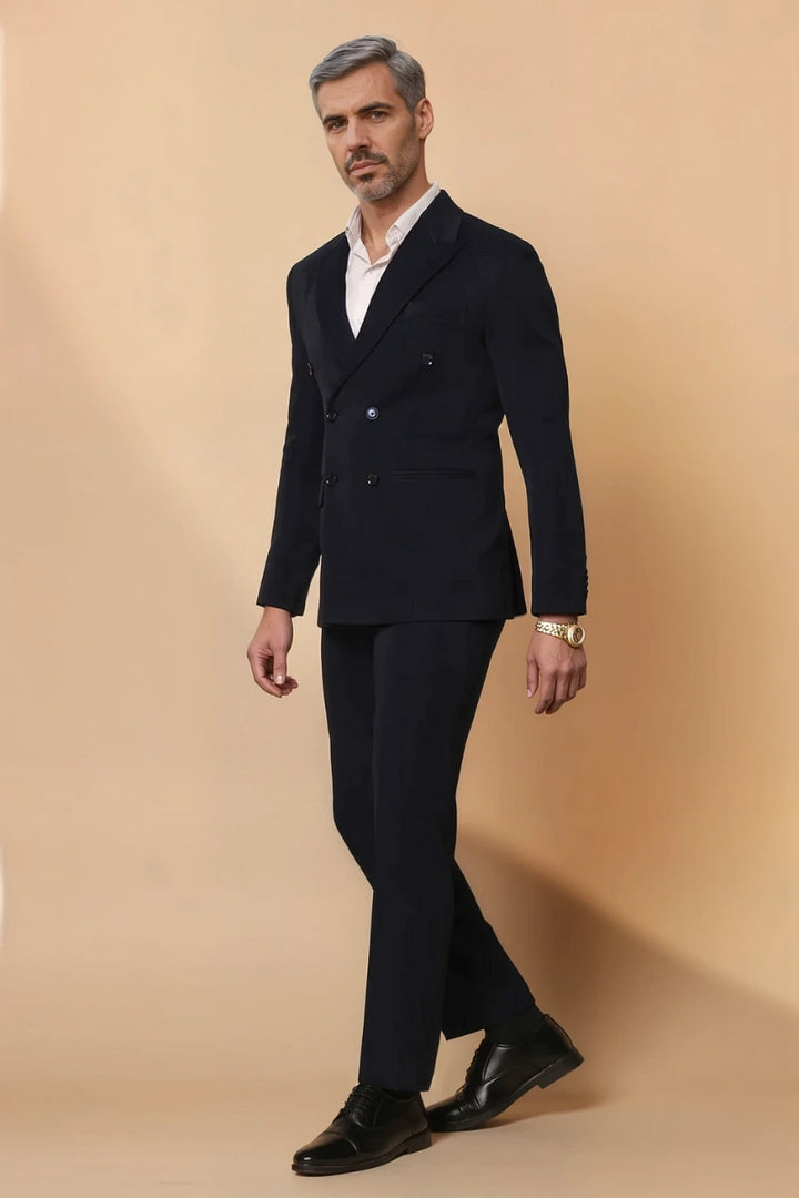 men double-breasted navy blue suit with peak lapel collar