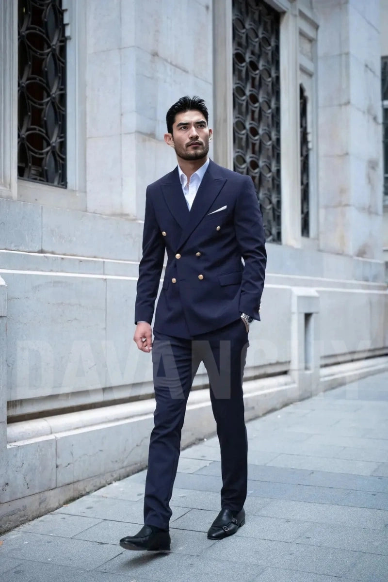 navy blue formal dress men Men Navy Blue Double Breasted Suit – Custom Tailored Formal Wear – DAVANCHY