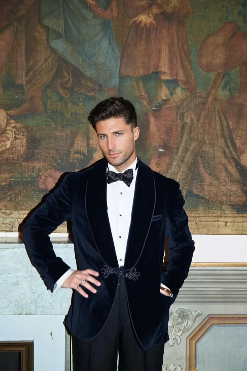 Men’s dark blue velvet jacket with shawl lapel