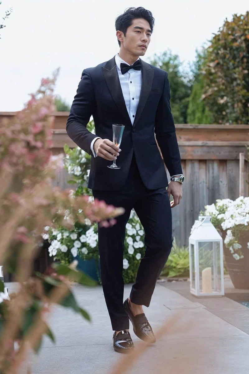 Men’s navy blue two-piece tuxedo suit with peak lapel blazer-Front