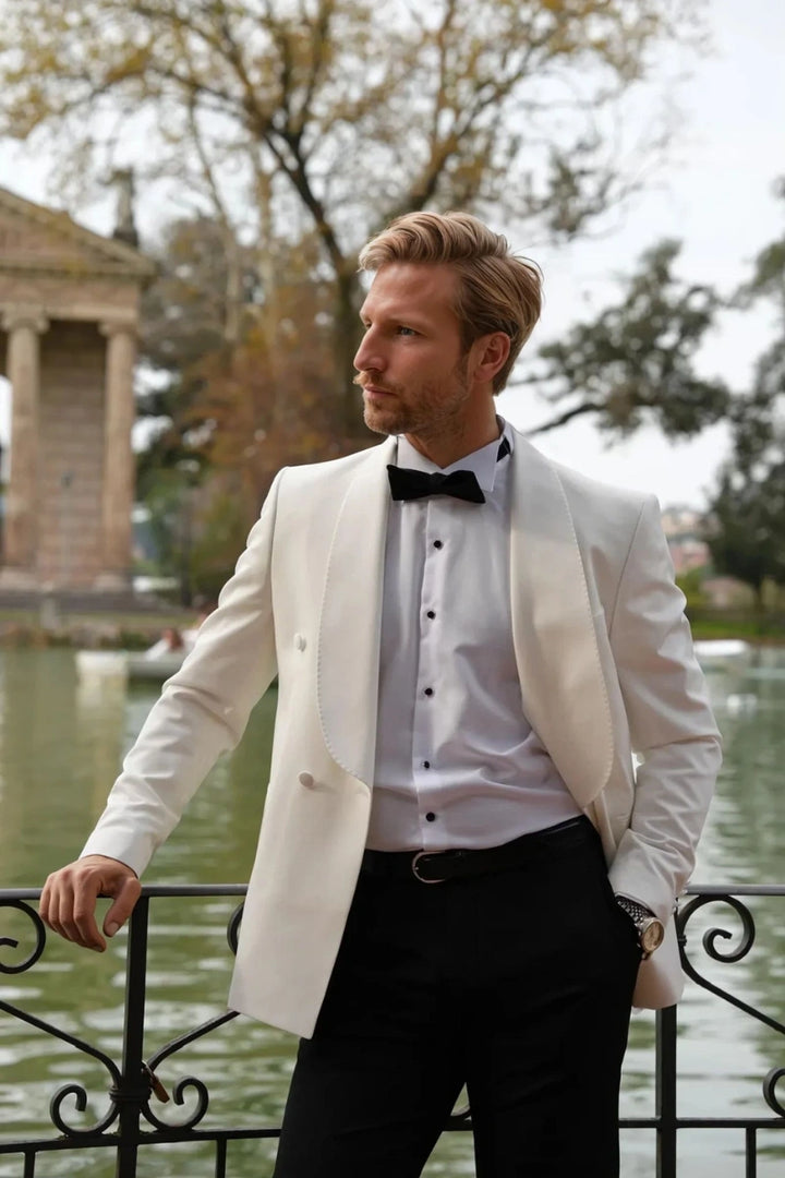Off-white Lycra fabric blazer with shawl collar, ideal for formal wear.
