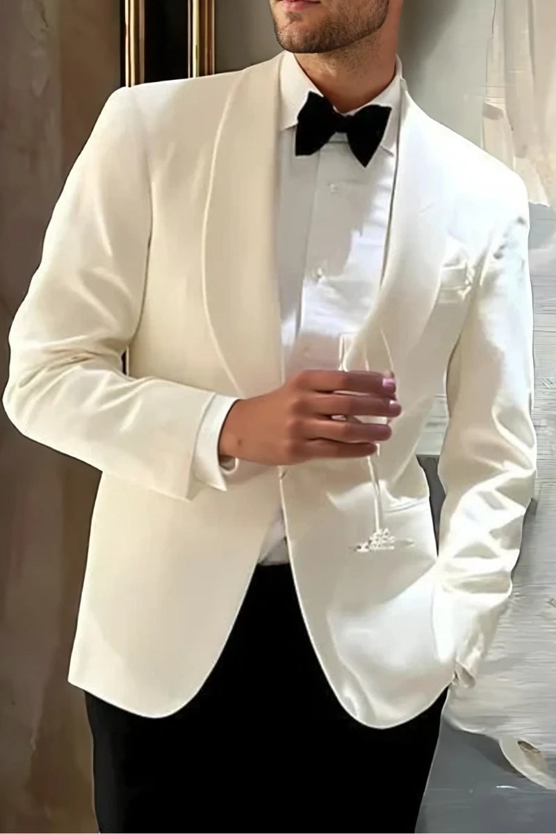 Elegant off‑white formal blazer for men, single‑button closure, ideal for weddings or evening parties
