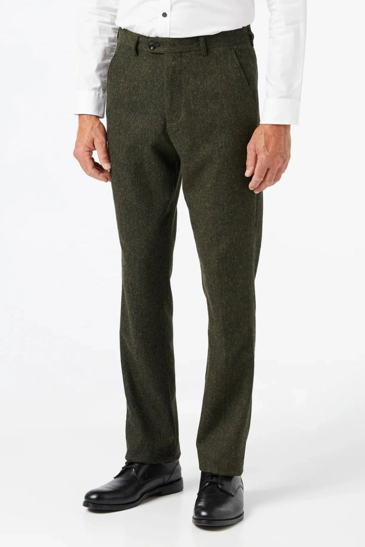 Men Olive Green Tweed Tailored Fit Pant