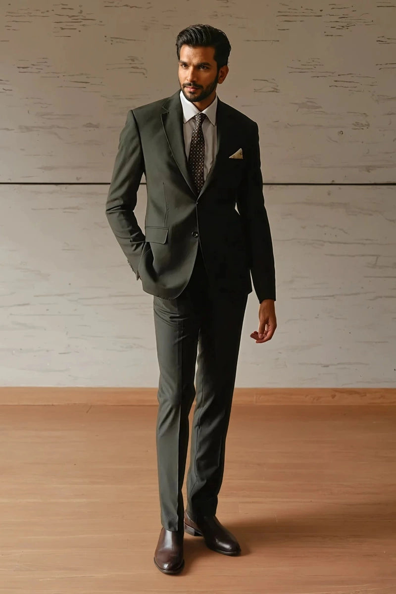 Men Olive Green Formal Two Piece Suit Perfect Trendy Business Attire DAVANCHY Men Olive Green Formal Two Piece Suit Perfect Trendy Business Attire DAVANCHY