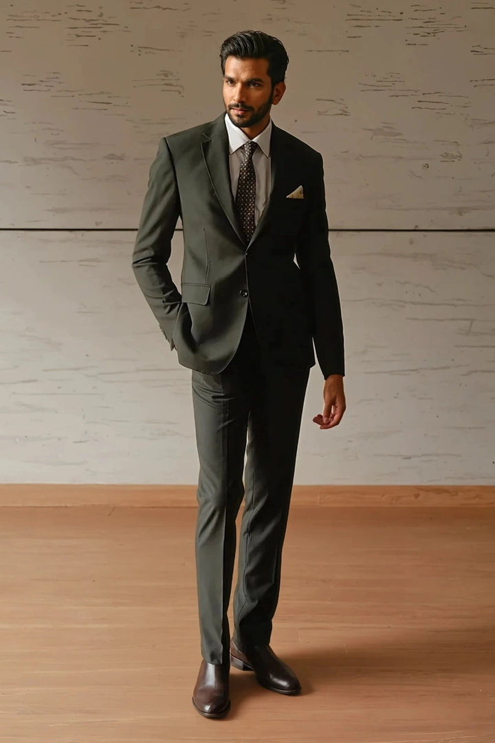 Men’s olive green two-piece business suit with notch lapel-Front