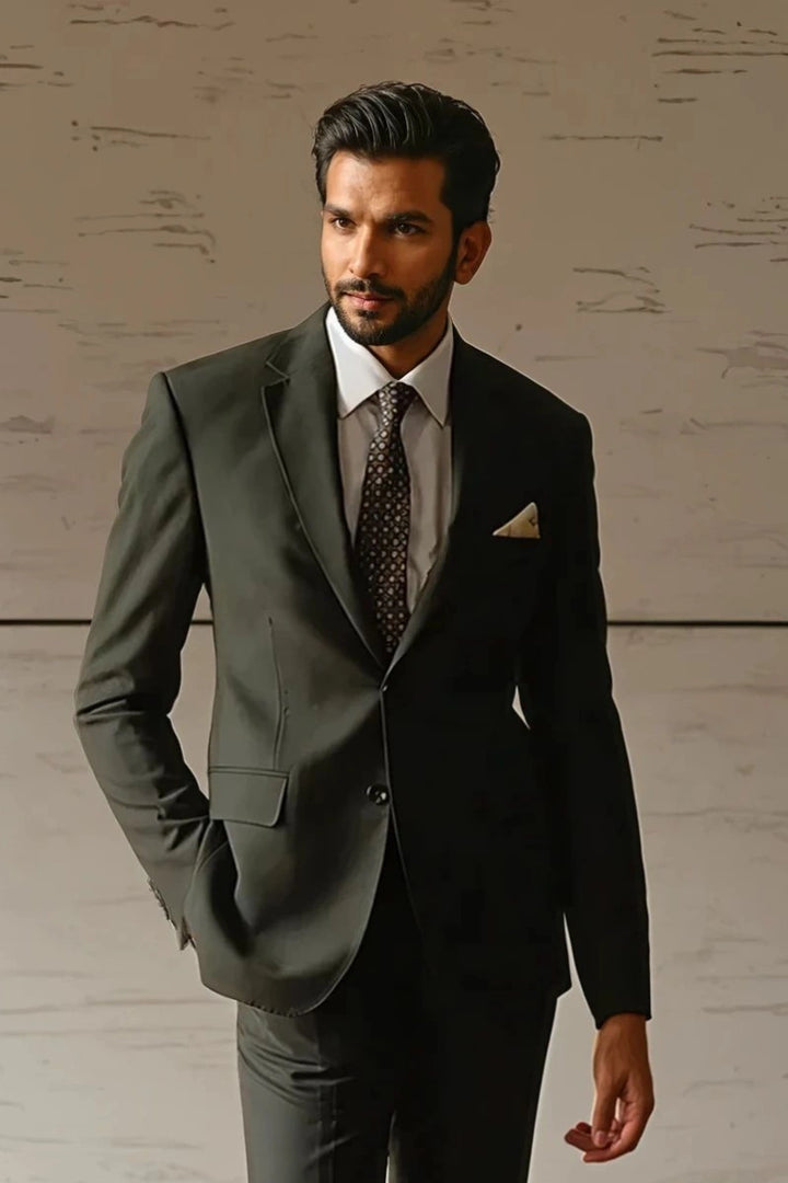 Classic formal men’s suit with two-button closure and flap pockets-Front