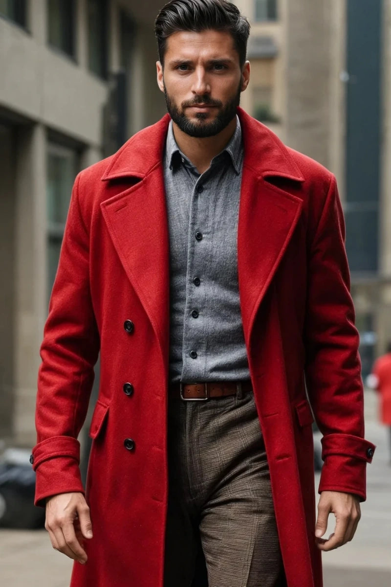 Men Red Double-Breasted Long Overcoat
