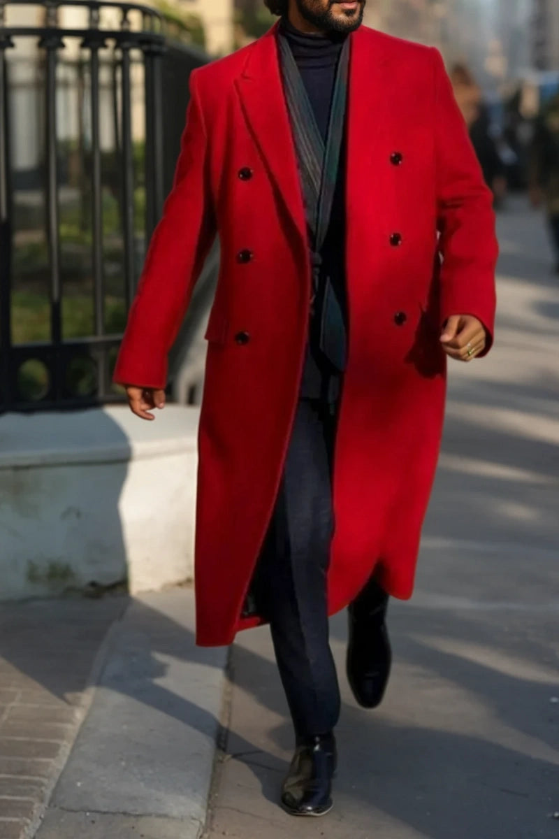 Men Red Wool Blend Overcoat