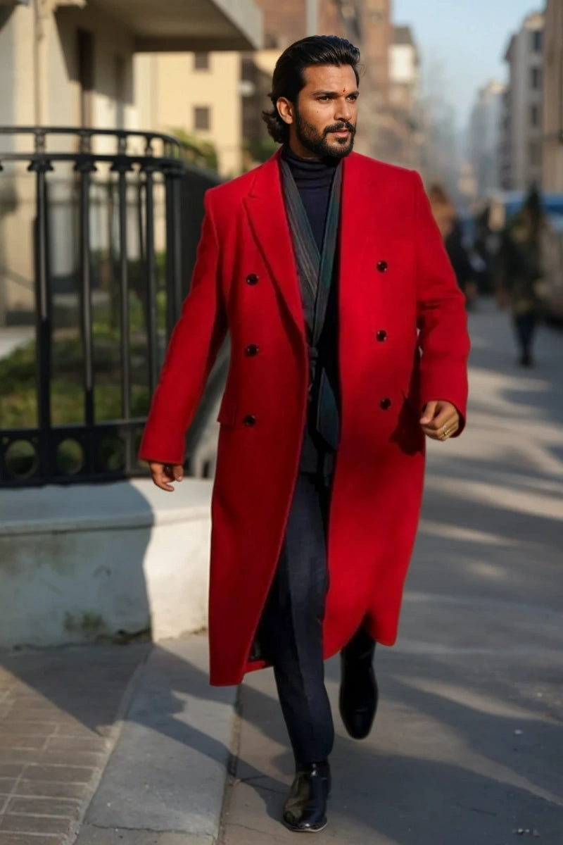 Men Red Tweed Long Overcoat