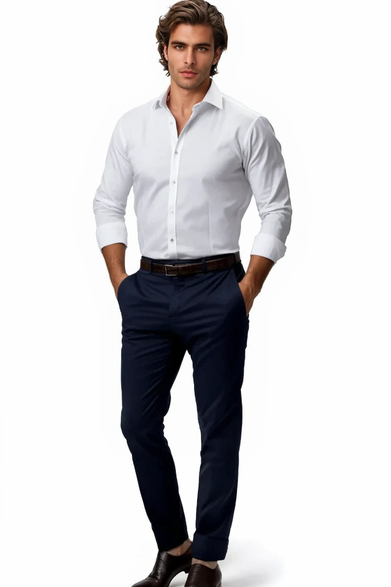 men blue formal trousers featuring two front and two back pockets