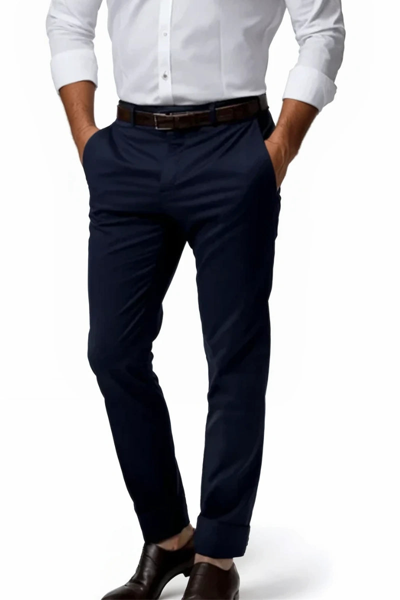 Men blue stylish formal pant with flat front design and hook-and-bar closure